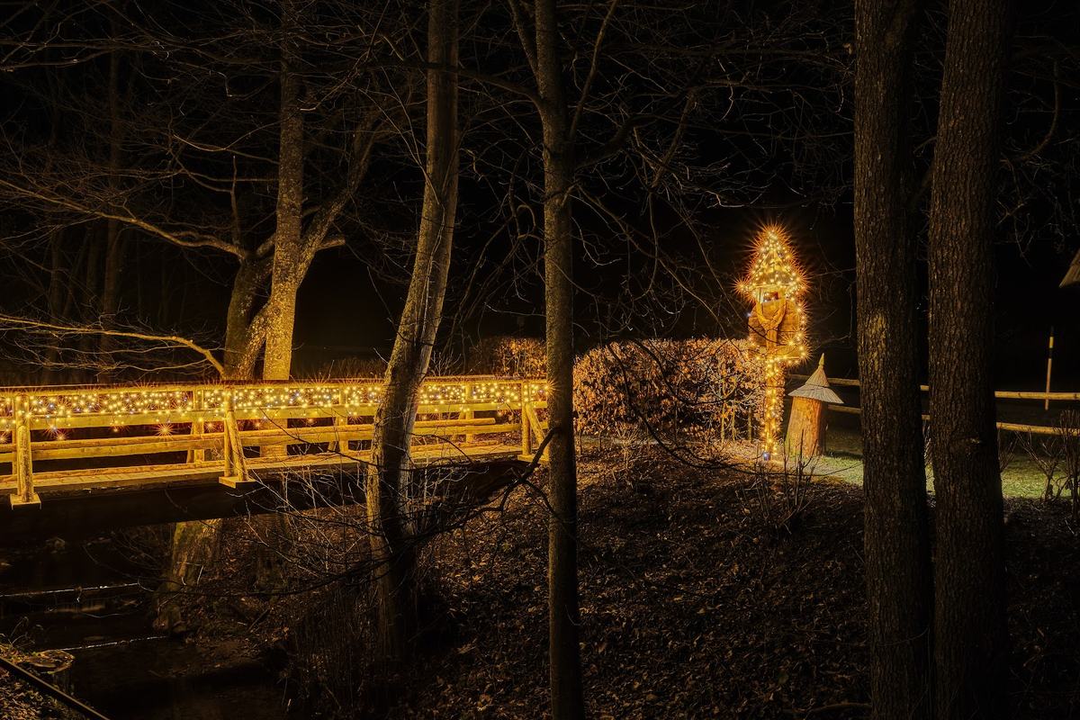 Hölzerne Fußgängerbrücke mit warmer LED-Lichterkette bei Nacht zwischen Bäumen